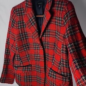 Classic Red Plaid Wool Blend Blazer Jacket With Lion Crest Buttons Size 16